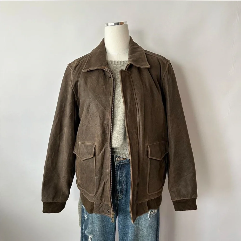 Vintage 1990s Class Club Distressed Leather Streetwear Bomber Jacket Brown. - Picture 2 of 8